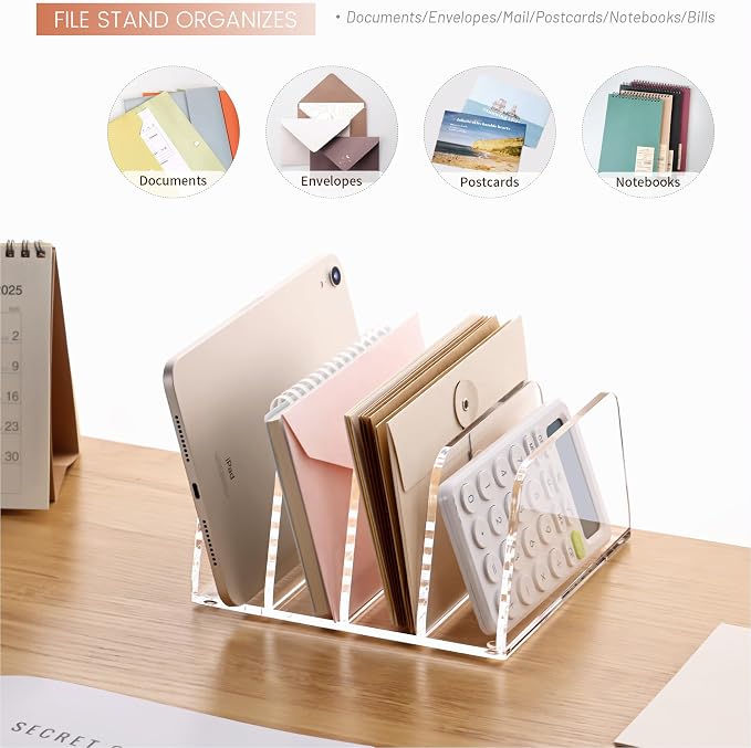 YUXUN Acrylic File Sorter,6.9"x6.6"x3.74",4 Sections Vertical Desk Organizer,Clear Mail Organizer File Holder Stand Rack Desk Accessories for Mail,Envelope,Letter,Notebook for Home/Office/Classroom