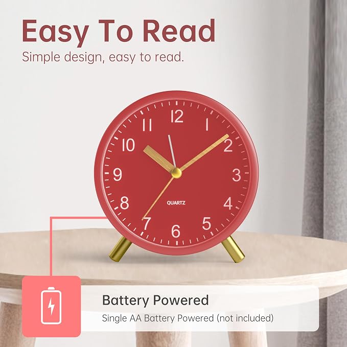JALL Analog Alarm Clock, 4 inch Super Silent Non Ticking Small Clock with Night Light, Battery Operated, Simple Design, Easy Setting for Office, Bedroom, Bedside, Desk, Teens, Elders, Adult, Red