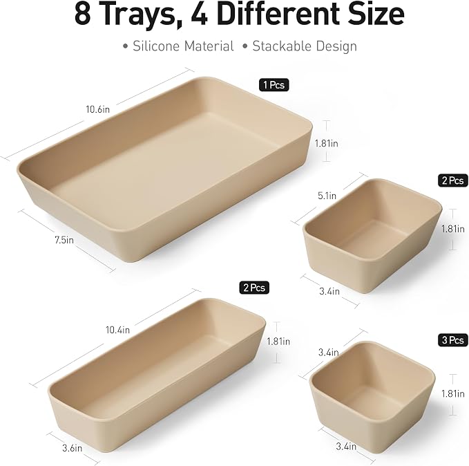 ISSEVE 8Pcs Silicone Bathroom Drawer Organizer Trays Set, 4 Sizes, Beige | Nesting Organizer Trays, For Vanity, Desk, Nightstand, Makeup, Jewelry, Toiletries, and Office Small Items, Drawer Organizer
