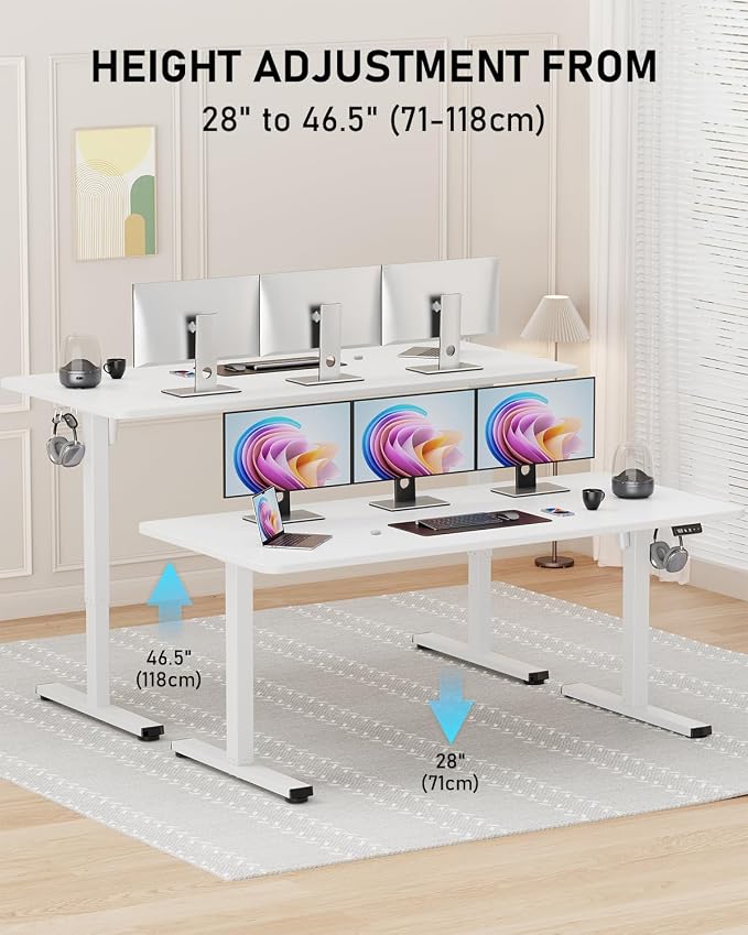 63" Electric Standing Desk Adjustable Height, Sit Stand up Desk for Home Office & Computer Workstation, 2 Memory Height Settings, Splice Board, 2 Hooks, White Frame/White Top
