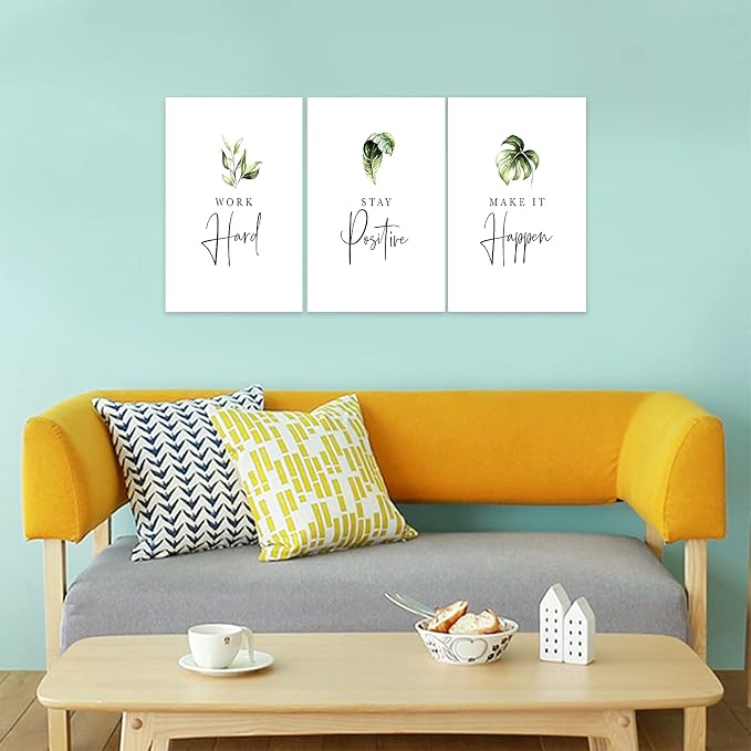 3 Piece Inspirational Wall Art, White Plants Sayings Picture, Quotes Work Stay Make it Canvas Prints for Office Decor, Triptych Entrepreneur Framed Artwork for Women Men Home Wall Decor (48" Wx24 H)
