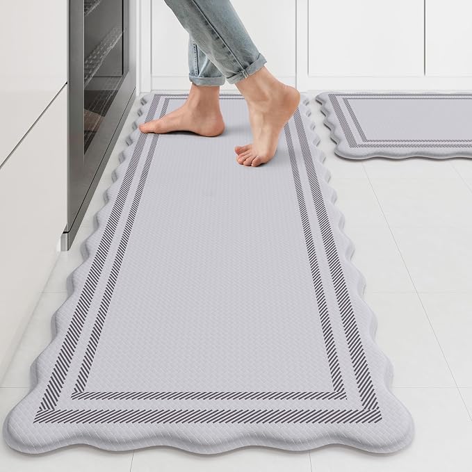 KIMODE Anti Fatigue Kitchen Mats, Light Grey Kitchen Rugs 17"x47"+17"x29" | Padded Kitchen Mat for Floor, Comfort Standing Desk Mat, Cushioned Kitchen Mats for Floor 2 Piece for Laundry Office Sink