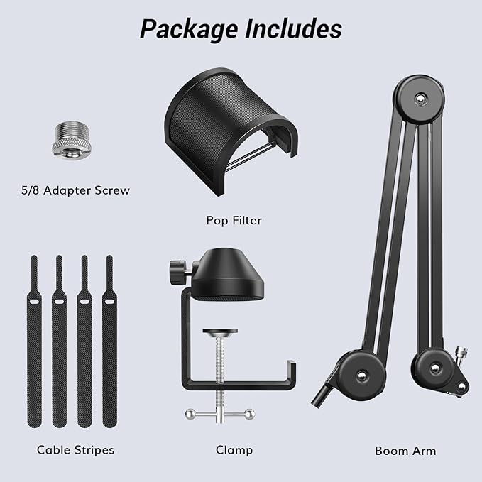 TONOR Microphone Boom Arm, Adjustable Microfono Stand Mic Arm with Extra-large Pop Filter, 3/8’’ and 5/8’’ Screwadapter, Equipment for Podcast, Recording, Streaming, 40 cm +40 cm, T40