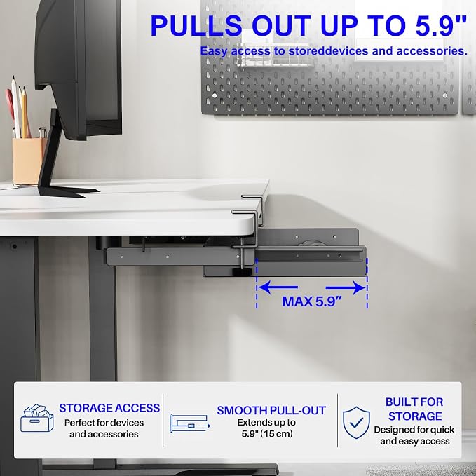 BYMECOST Sliding No Drill Under Desk Laptop Mount, Metal Storage Shelf | Slide Out Laptop Storage Tray for Macbook, Mac Mini, Anti-scratch Silicone, fits Office, Gaming, Workstations