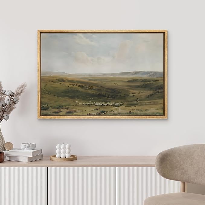 MUDECOR Framed Canvas Print Wall Art Tranquil Pastures Landscape Vintage Classic Illustrations Fine Art Decorative Zen Multicolor Country/Farmhouse Retro for Bedroom - 24"x36" Natural
