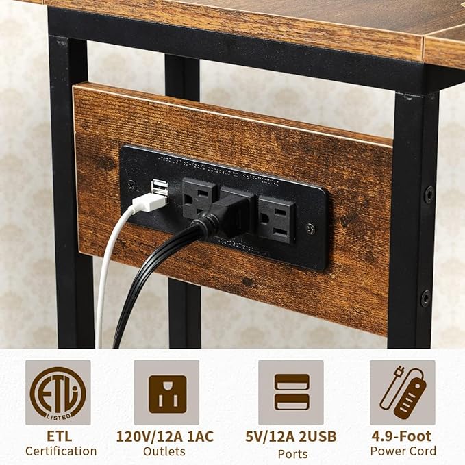Hadulcet C Tables End Table Set of 2, C Shaped Side Table with Charging Station, Folding Table TV Trays for Eating, Couch Tables That Slide Under, Small End Table Snack Tables, Rustic Brown