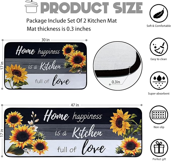Voanos Sunflower Kitchen Rugs,Non Skid Washable Microfiber mats for Kitchen Floor, Black White Kitchen Cushioned Runner Rug Decor Sets of 2,Size 17"x 47"+17"x 30"