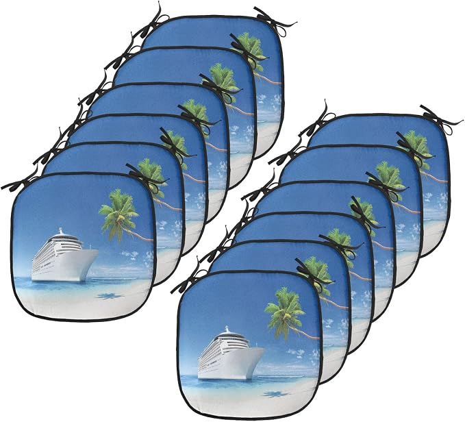 Lunarable Travel Chair Cushion Pads Set 12, Ship Coastline Palm Tree Sandy Beach Nature Sunny Day Exotic Journey Seascape, Anti-Slip Seat Padding for Kitchen & Patio, 16"x16", Blue Green White