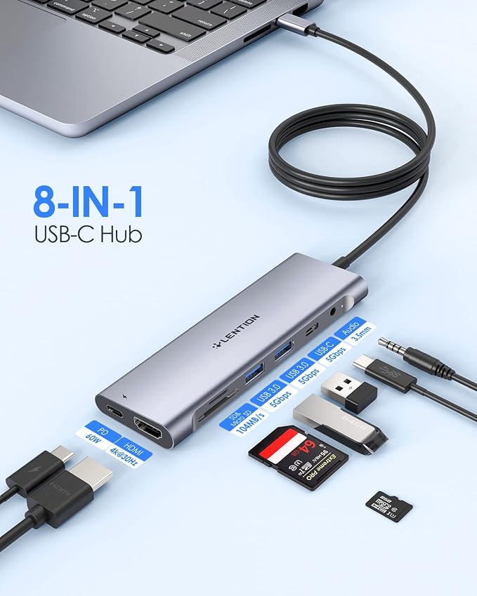 LENTION 3.3FT Long Cable USB C Hub with 4K HDMI, 100W PD, USB 3.0 A&C Data, Card Reader&LED Indicator for MacBook Pro/Air, Dell XPS, HP, Chromebook, Stable Driver Adapter (C37-1M, Space Gray)
