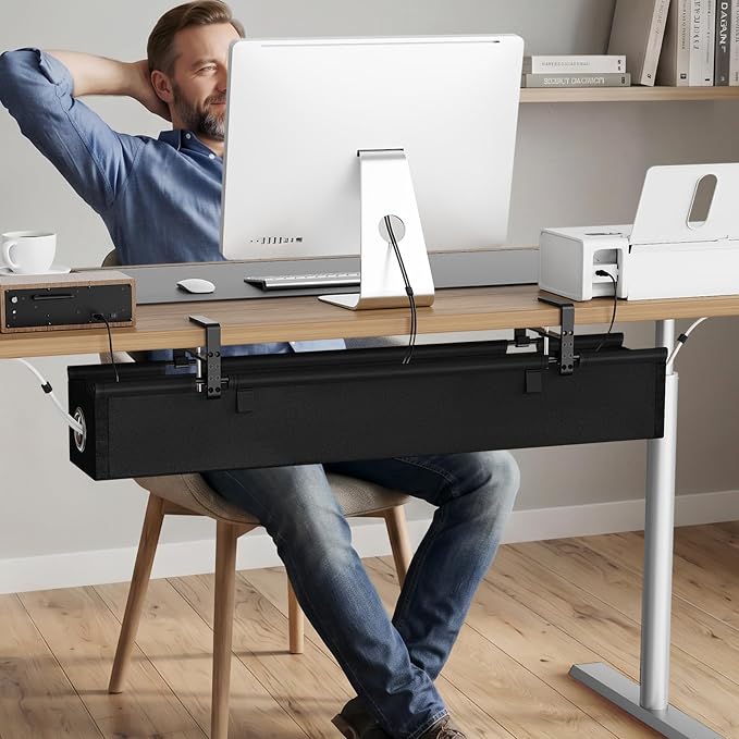 KEEGH Under Desk Cable Management Tray 36", No Drill Cord Organizer, Black | Heavy Duty, Large Capacity, 3-Level Clamp Fit 0"-2.5" Desks, Clamp/Screw Mount, for Home, Office, Gaming, Room, Studio