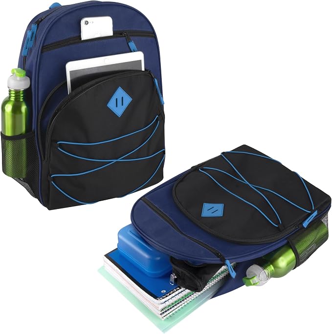 Trail maker Kids Backpacks with School Supplies for Boys, Girls | 30 Piece Back to School Supplies Set with 17" Bungee Backpack (Navy & Black)