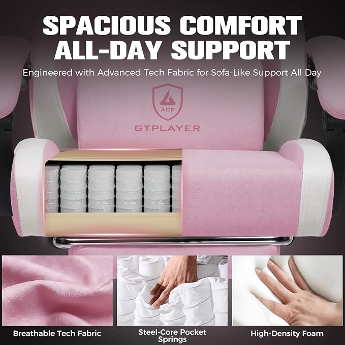 GTPLAYER Big and Tall Gaming Chair 350lbs Heavy Duty Office Chair with Foot Rest, High Back Pocket Spring Ergonomic Computer Chair for Adults, Wide Comfy Seated Cushion with Linkage Armrests, Pink