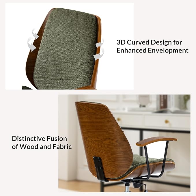Modern Ergonomic Office Chair with Wood Frame & Metal Base, Swivel Home Office Desk Chairs with Adjustable Height, Comfy Upholstered Computer Chair, Green