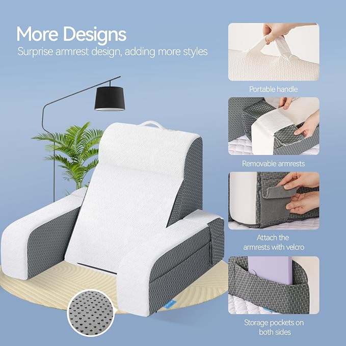 Kayfia Reading Pillow, Gel Memory Foam Back Rest Pillow, 19", White | 3 Storage Pockets, Dual-Use Back Leg Support Pillow, Detachable Armrests, Ideal for Reading, Gaming, Working on Bed & Couch
