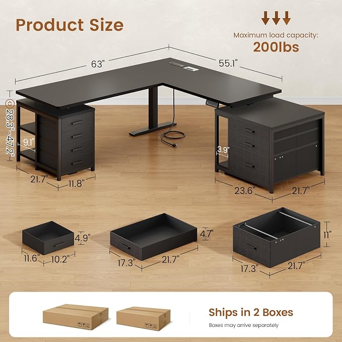 SEDETA 63" L Shaped Electric Standing Desk, Height Adjustable Corner Desk with 7 Fabric Storage Drawers & Power Outlet, 3 Memory Heights, 200lbs Capacity for Home Office Gaming, Black