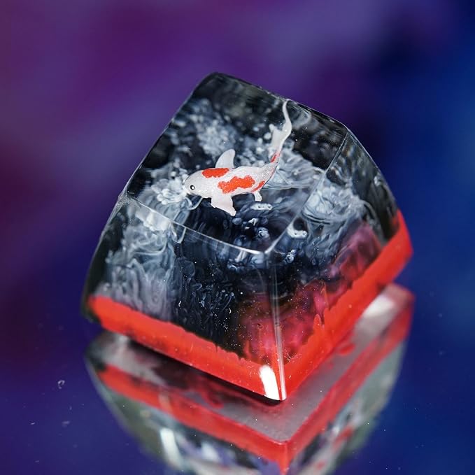 Koi Fish Artisan Keycap Black Red - 1U ESC, R1 SA Profile Custom Handmade Resin Cherry MX Switch Key Cap Mechanical Keyboard, Cool Tech Gifts for Men, Dad, Father, Gamer, Koi Lover