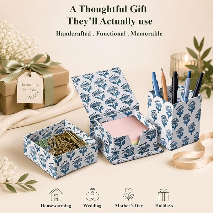 CPC Apatite Blue Block Print Set of 3 Desk Organizer Pen And Sticky Note Holder Cute, Aesthetic, Decor accessories, workspace organizers, Caddy Storage, Gift for Office, Professionals, Student