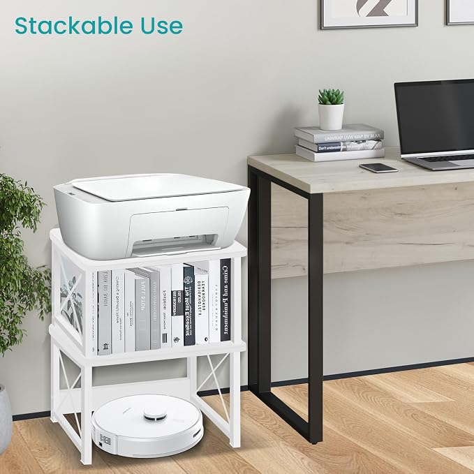 ELITEROO Desktop Printer Stand with Storage, Printer Stand Shelf | Desk Organizer shelf for Home, Modern Wood Printer Riser Under Desk Small Table for Printer Fax Machine Copier Scanner, White
