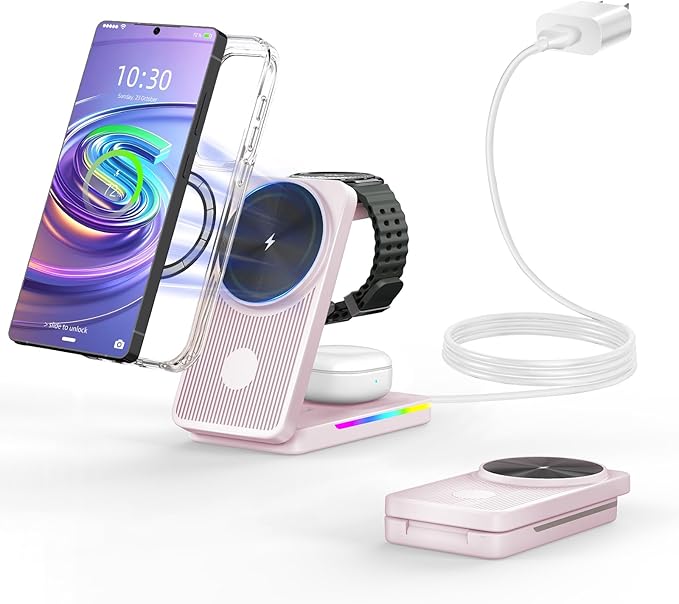 Wireless Charger for Samsung, 3 in 1 Charging Station for Samsung - Magnetic Android Charging Station for Galaxy S26 Ultra, Z Fold/Flip & Buds4 Pro - Nightstand Organizer & Bedside Charger for Travel