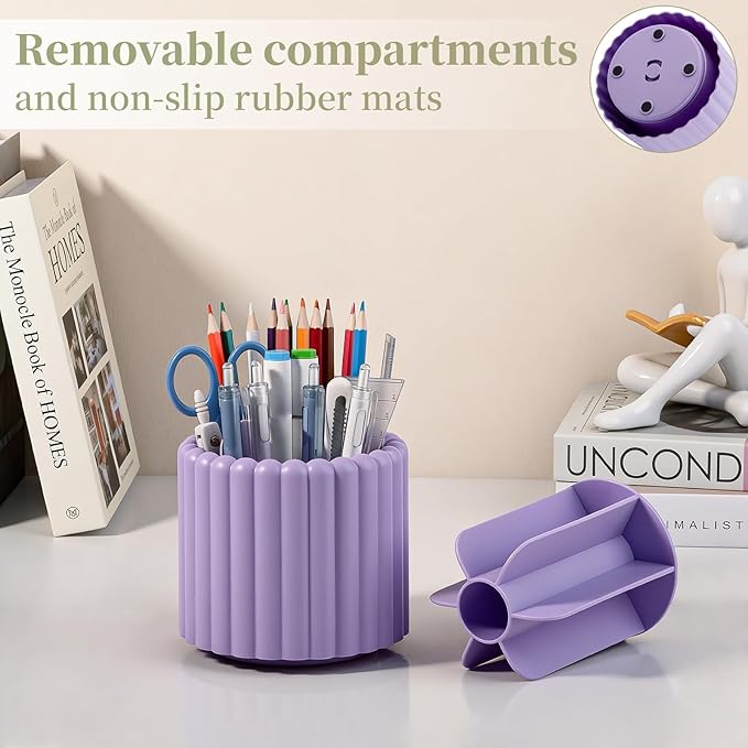 360° Rotating Pen Holder for Desk Removable Pencil Organizer, Purple | 7 Slots Pen Cup Cute Office Supplies and Accessories Plastic Desktop Storage Box Art Caddy for School, Work, Home