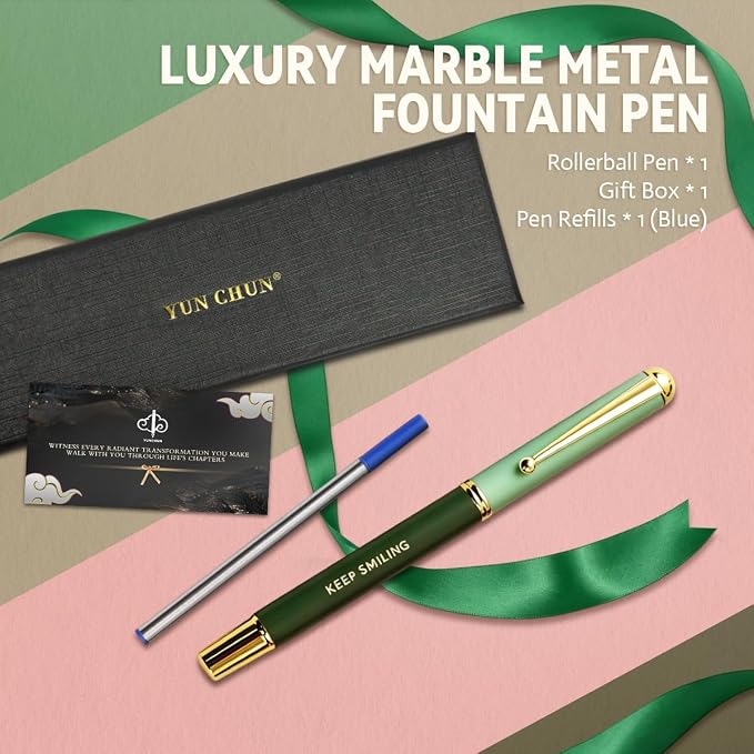 YUNCHUN Luxury Inspirational Rollerball Pen Set Gifts for Women & Men, Metal Pens with Motivational Words, Smooth Black Ink Medium Point, Elegant Executive Gift Pens with Extra Blue Refill, Green