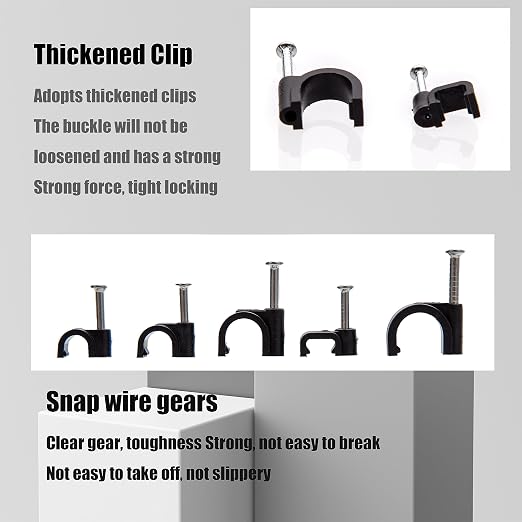 700 Pcs Cable Clips with Steel Nails, Nail in Cable Clips, Black 4/5/6/8/10mm Cable Wire Clips, Cable Wall Clips, Wire Staples Cord Clips with Nails for Speaker Ethernet Cords Wires