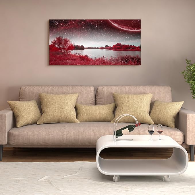 wall art for living room Red Lakes and trees under the starry sky red landscape painting office Wall Art Decor 20" x 40" single Pieces Canvas Prints Ready to Hang for Home Decoration Works For bedroom
