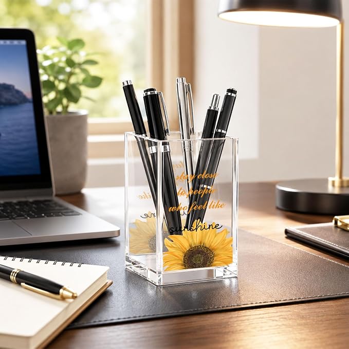 Acrylic Pen Holder Cup Farmhouse Desk Decor, Sunflower Pencil Holder Organizer, Rustic Office Accessories Gift for Women