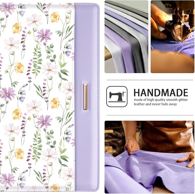Padfolio/Resume Portfolio Folder for Women Men, WAVEYU Cute Chic Padfolio Cover Folder, Conference/Legal Document Organizer with Letter/A4 Size Clipboard, Document Sleeve, Purple Flower
