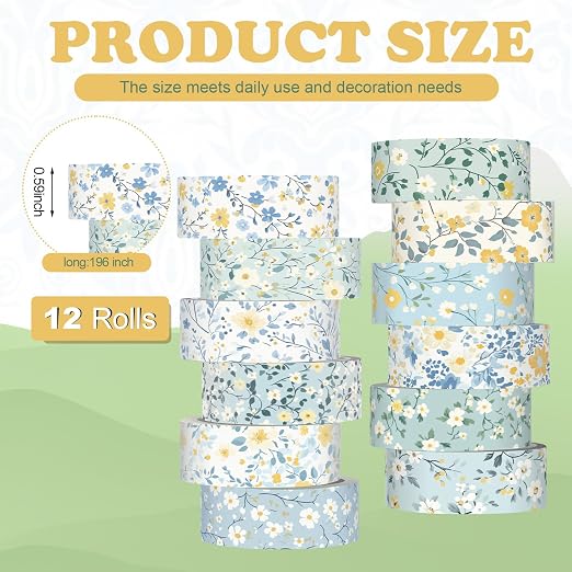 12 Rolls Watercolor Floral Washi Tape Set 15 mm Vintage Flower Decorative Masking Tape for Summer School Arts DIY Craft Scrapbook Journal Supplies Gifts(Blue,Wildflower)
