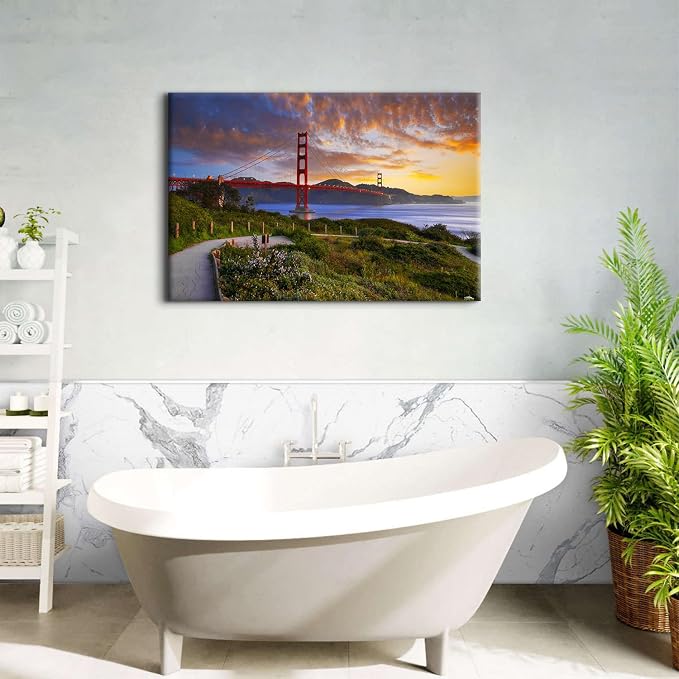 Large Red Golden Gate Bridge Picture Wall Art San Francisco City Landmark Building Photography Wall Decor Nature Mountain Sunset Skyline Paintings Canvas Prints Artwork for Home Decoration 32x48"