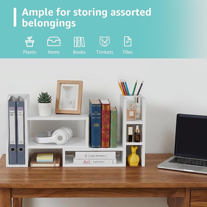 Desktop Shelf Desk Organizer File Holder - Dorm College Desk Bookshelf, Adjustable White Wood Shelving, Small Countertop Bookcase for Office Supplies, Student Study Desk & Home Organization Rack