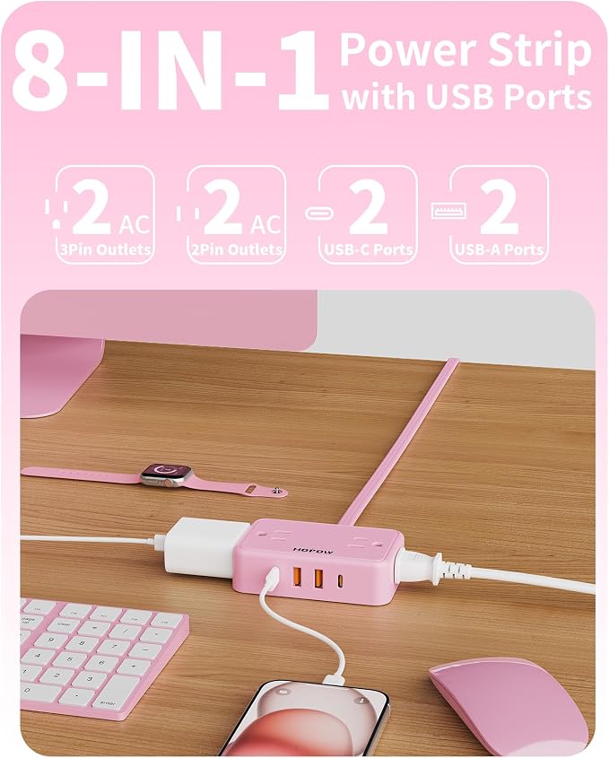 HOPOW Pink Extension Cord, 6 Ft Ultra Thin Pink Power Strip, 4 AC Wide Spaced Outlets and 4 USB (2 USB-C) Ports, No Surge Protector for Kawaii Desk Home Room Decor Essentials