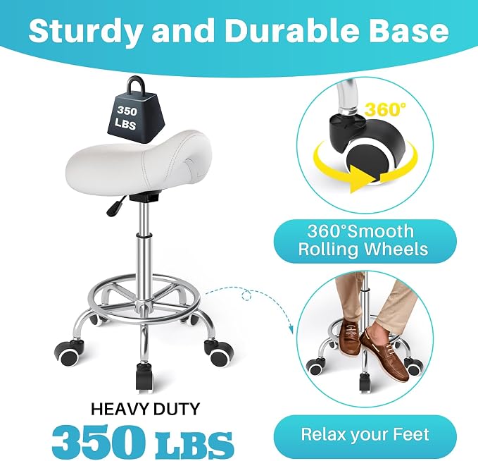 YEEZEE Saddle Stool Ergonomic, Saddle Chair with Wheels, Classic White | Comfortable Wide Thick Saddle Seat Padding, 360°Swivel, Adjustable Height, Ring Pedal Design, for Medical Massage Salon Spa