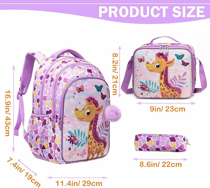 3PCS Backpacks for Girls Large Capacity School Bag with Lunch Box Kids Bookbag Set Travel Bag for Elementary Students Back to School Supplies (12816-3)