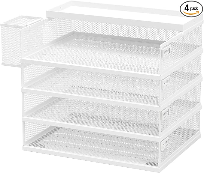 FANXIYQ Metal Stackable Letter Trays, 4-Tier Desk Organizer & Paper Trays for Office, Stackable File & Document Tray with Magnetic Labels,White