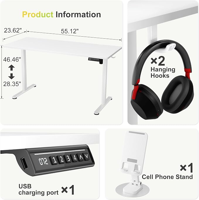 Furmax Electric Standing Desk, 55 x 24 Inches Sit Stand up Desk, Sit Stand Height Adjustable Home Office Desk with 4 Height Position Memory (White, 55)