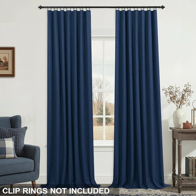 KOUFALL 52x102 Inch Length Navy Blue Back Tab Linen Blackout Curtains