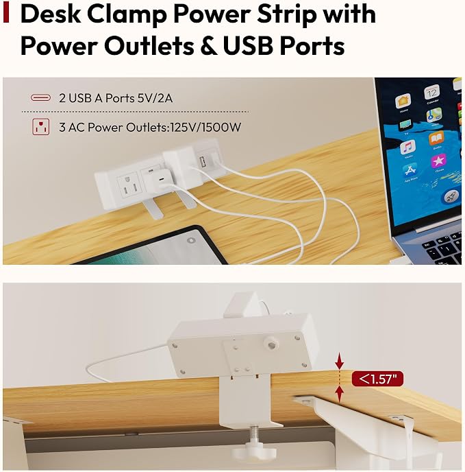 SANODESK Electric Standing Desk with Desk Clamp Power Strip 48"x 30" Whole-Piece Desktop Height Adjustable Stand Up Desk with Cable Management Sit Stand Home Office Desk White Frame/Maple Top