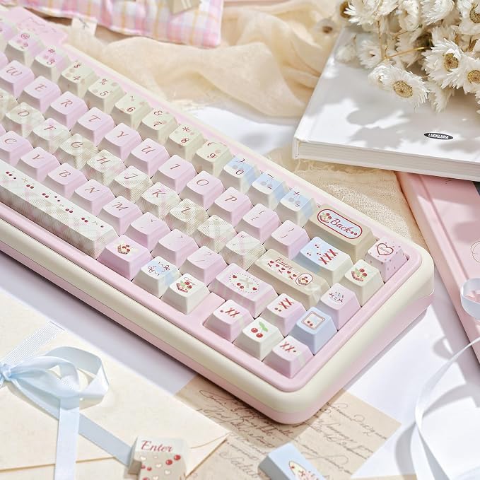 Dye Sub PBT Keycaps Set 145 Keys, Cute Pink Keycap, Cherry Profile Custom Keycaps 60 65 75 100 Percent for 61/64/68/84/87/100/104/108 ANSI ISO Layout MX Switches Gaming Mechanical Keyboard