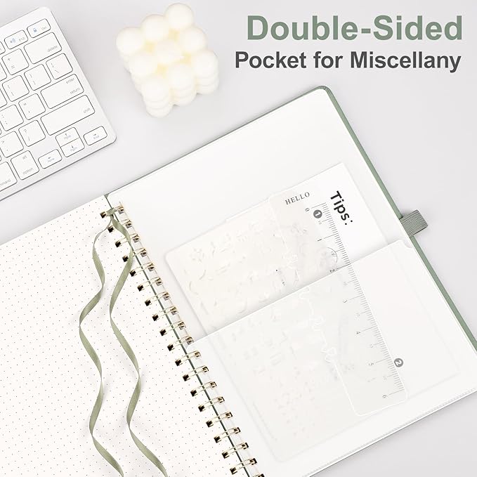 AHGXG HGXG Dotted Journal Spiral Notebook, Large B5 Dotted Notebook 140 Pages, Leather Hardcover, 100 GSM Thick Dot Grid Paper, Inner Pocket, for Dotted Journaling, 7.6" x 10", Sage Green