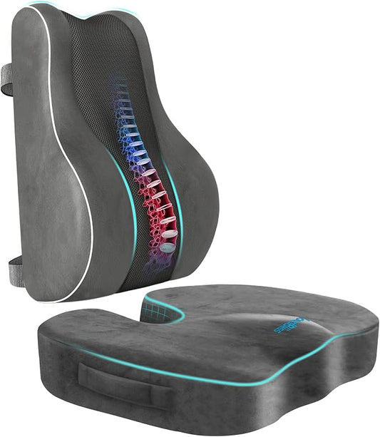 CloudBliss Lumbar Support Pillow, Memory Foam for Office Chair, Gray | Ergonomic High-Density Memory Foam, Adjustable Straps, Washable Mesh Cover, Lower Back Support for Office, Gaming & Car Seat