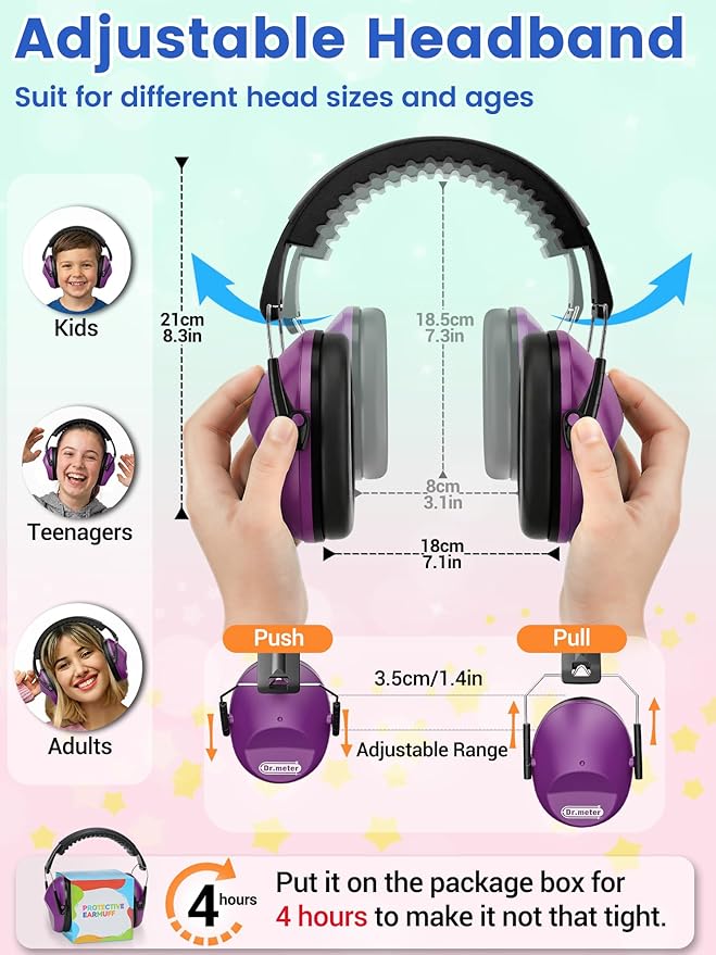 Dr.meter Ear Muffs for Noise Reduction SNR27.4 Kids Ear Protection with Adjustable Headband - Kids Noise Cancelling Headphones for Concerts, Football Game, Fireworks and Air Shows - Dark Purple