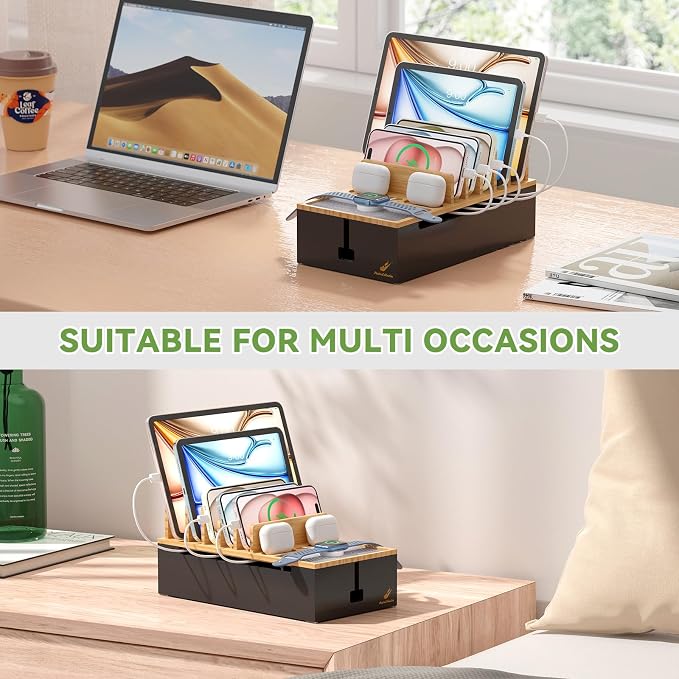 Pezin & Hulin Docking Station for Multi Devices -Natural + Black | Cable Management Box, with 5 Port Charge Adapter, 6 Cable, Wire Organizer for Cord, Box to Hide Cord and Storage Power Strip