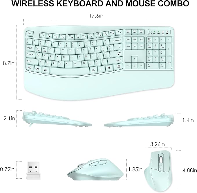 Wireless Keyboard and Mouse Combo, 2.4G Full Size Wave Keys Ergonomic Keyboard with Wrist Rest and 3-Level DPI Adjustable Wireless Ergonomic Mouse for Windows, Mac OS Desktop/Laptop/PC(Mint Green)