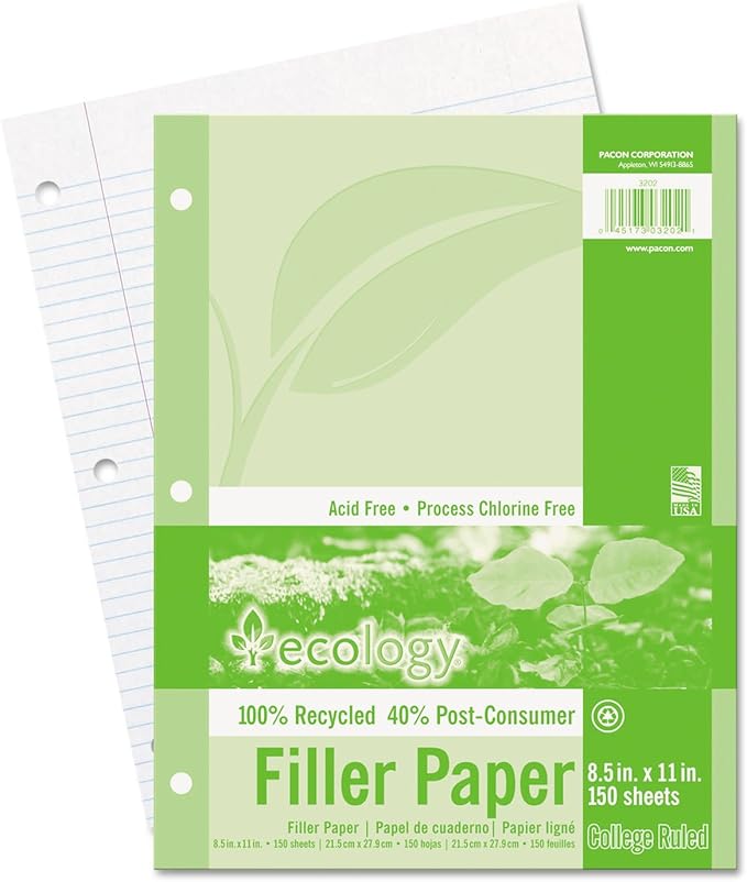Ecology College Ruled Recycled Filler Paper,White, 150 Sheets (3202)