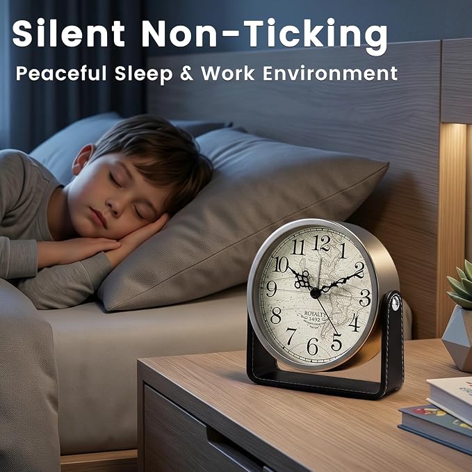 Analog Alarm Clock - 4.5" Silent Non Ticking Small Clock with Light, Rotatable Stand Metal Desk Clock Battery Operated, Simple Design for Living Room Decor/ Bedroom/Bedside/Shelf (Silver & Black)