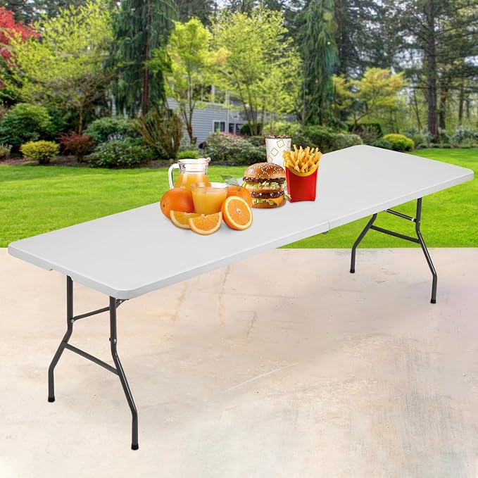 BestOffice 8 FT Picnic Table Plastic Camping Table Portable Square Height Folding Table Perfect for Picnics, Parties, Party and Camping, White