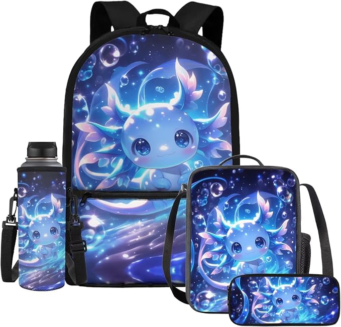 WELLFLYHOM Cute 17 Inch Axolotl Elementary School Backpack for Girls 6-11, Blue 4 PCS Backpack with Lunch Box, Kids Back to School Supplies, Mochilas Para Niñas