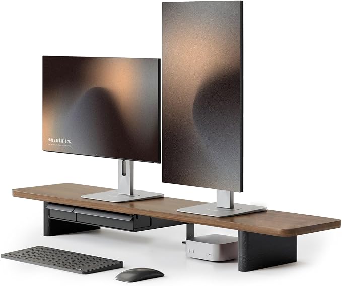 Fenge 42.5" Dual Monitor Stand with Storage Drawer & Solid Wood Legs, Brown | Modern Minimalist Design, Repositionable Metal Drawers, Wooden Desk Shelf for Home Office Workspaces